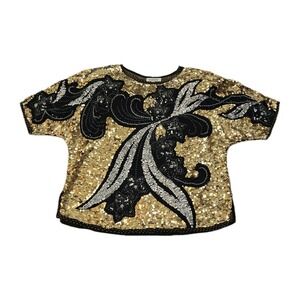 Vintage Sequin Beaded Short Sleeve Top Gold Silver Starburst Filigree NYE Large